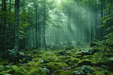 Obraz premium A dense forest with a misty atmosphere, showcasing the natural beauty and tranquility of woodland areas. 