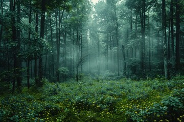 Obraz premium A dense forest with a misty atmosphere, showcasing the natural beauty and tranquility of woodland areas. 