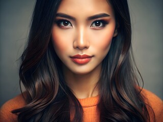 Fototapeta premium Close-Up Portrait Of A Beautiful Asian Woman With Long, Wavy Hair And A Warm, Inviting Smile.