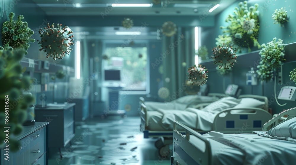 Wall mural an artistic 3d illustration of a hospital room with virus particles in the air, showcasing the impor