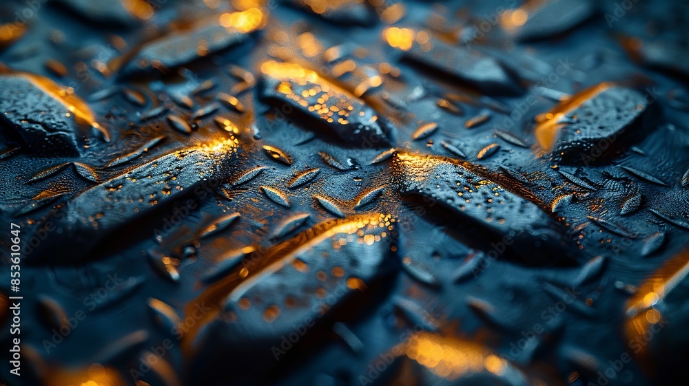 Wall mural wet metal surface with raindrops in evening light