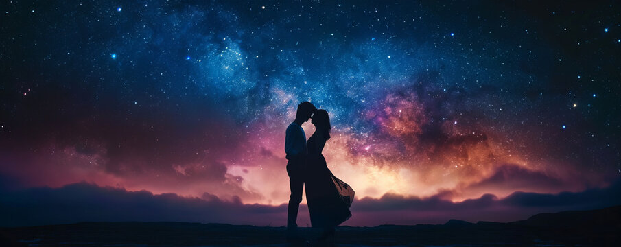 A couple slow dancing under a starry sky, their movements graceful and fluid as they move to the music.