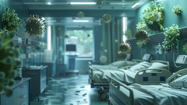 An artistic 3D illustration of a hospital room with virus particles in the air, showcasing the importance of proper hygiene and infection control in healthcare settings.