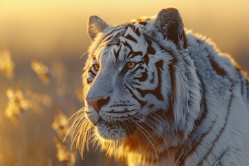 Naklejka premium A close-up view of a white tiger in an open field, providing an intimate look at the animal's features