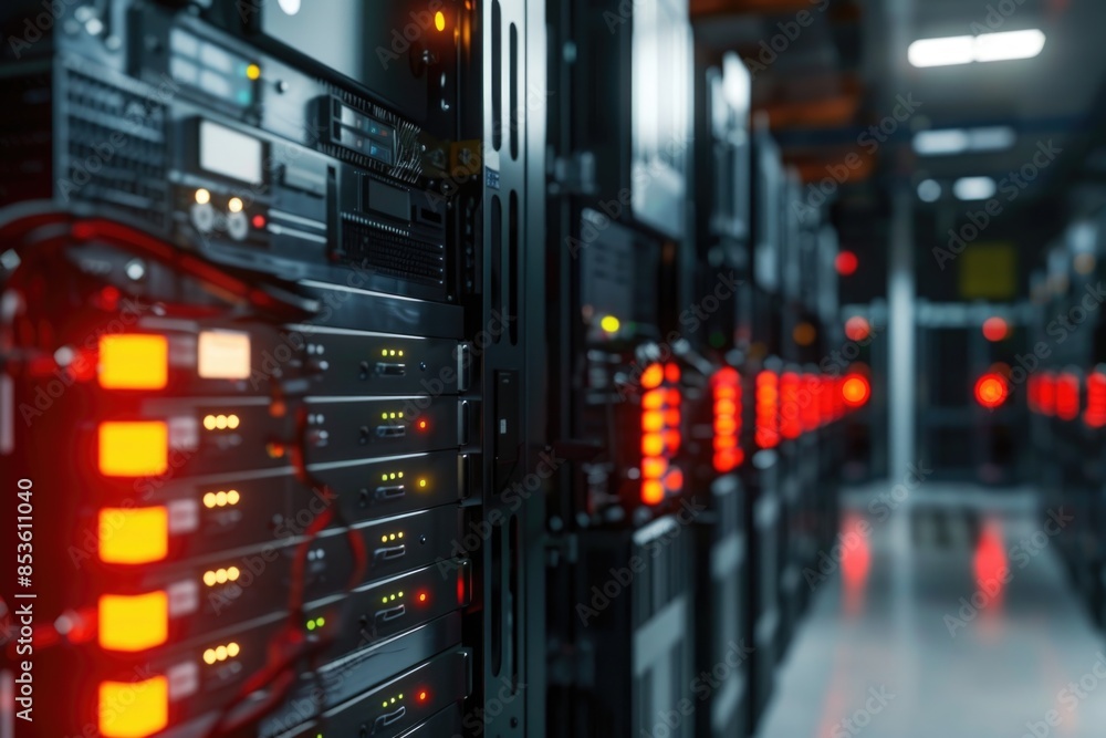 Poster rows of servers in a server room with various computer hardware and networking equipment