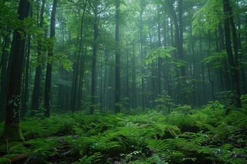 Obraz premium A dense forest with a misty atmosphere, showcasing the natural beauty and tranquility of woodland areas. 