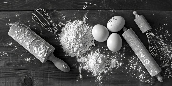 A collection of eggs and flour with a rolling pin nearby