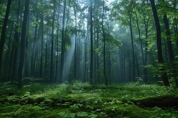 A dense forest with a misty atmosphere, showcasing the natural beauty and tranquility of woodland areas. 