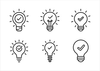 black bulb with checkmark like quick tip icon set. flat stroke linear simple trend modern efficiency logotype design element isolated on white background.