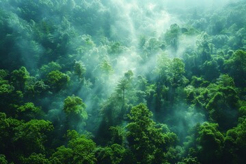 Obraz premium A dense forest with a misty atmosphere, showcasing the natural beauty and tranquility of woodland areas. 