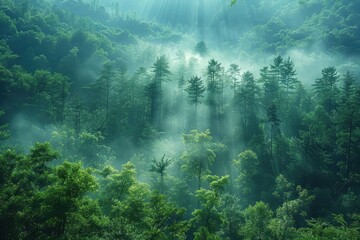 Obraz premium A dense forest with a misty atmosphere, showcasing the natural beauty and tranquility of woodland areas. 