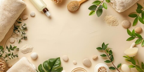 Spa and bath products with green leaves and natural accessories on a light background.