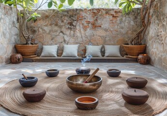 A calming meditation space with a singing bowl, incense, and soft cushions arranged in a circle, highlighting mindfulness practices