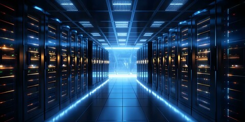 Bright Lights of Data Storage Systems Illuminate Dark Server Room. Concept Technology, Data Storage, Server Room, Bright Lights, Illumination