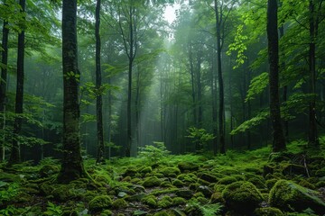 A dense forest with a misty atmosphere, showcasing the natural beauty and tranquility of woodland areas. 