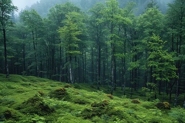 Fototapeta premium A dense forest with a misty atmosphere, showcasing the natural beauty and tranquility of woodland areas. 