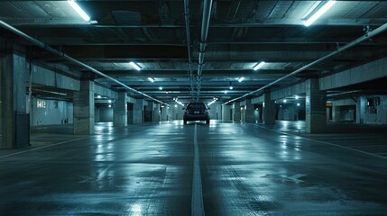 A vehicle is parked in an indoor parking area