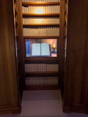 Bookshelves in the library, education background. Cozy book backdrob. Bookish
