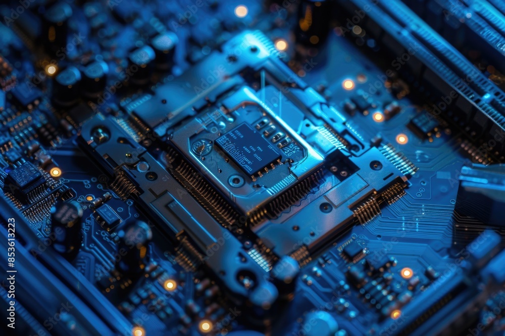 Poster close-up image of a computer motherboard with various components and wires