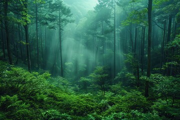 Obraz premium A dense forest with a misty atmosphere, showcasing the natural beauty and tranquility of woodland areas. 