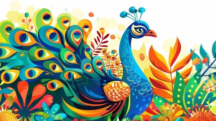 Fototapeta premium A stunning and colorful illustration of a peacock with an elaborate tail display, set against a backdrop of vibrant foliage, celebrating nature's beauty
