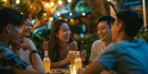 Relaxed chinese friends enjoying drinking beer and music at a patio cafe. - Powered by Adobe