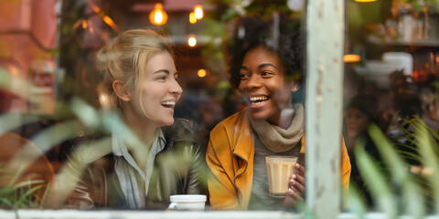 Obraz premium Friends enjoy coffee together, chatting and laughing in a bustling city cafe.