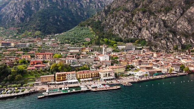 Aerial view of Limone sul Garda, Italian town on Lake Garda, popular holiday location in Italy