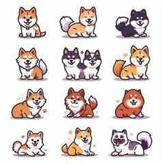 Obraz premium Cute dog icon set, pet animal flat symbols, puppy icons silhouettes, funny dog character pictogram