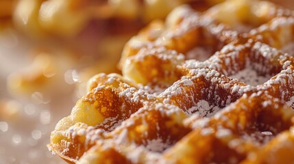 A close-up shot of a waffle covered in powdered sugar, perfect for use in food-related content