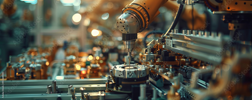 Poster a robot arm assembling a complex piece of machinery, its movements precise and efficient.