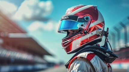 Fototapeta premium Male racer wearing racing suit and helmet standing on track stadium.