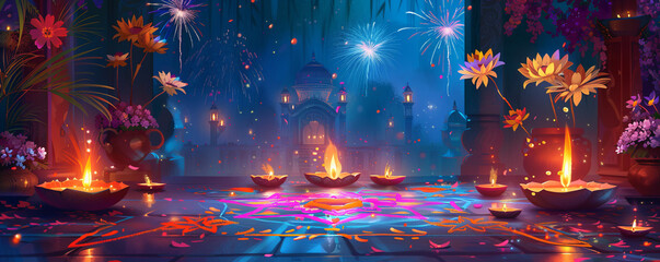 A colorful Diwali scene with diyas lit, rangoli designs on the floor, and fireworks exploding in the sky.