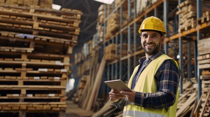 Young man in safety yellow helmet and vest working at wood warehouse wooden pallets with stacked planks.