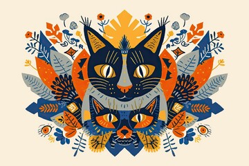 Obraz premium A symmetrical design with cat motifs in the style of Scandinavian folk art on a cream background.