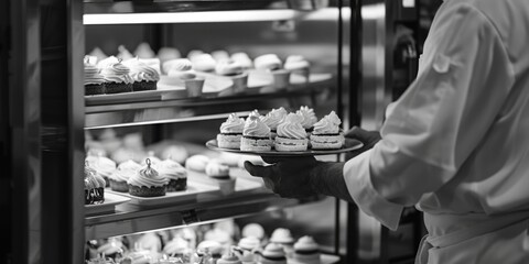 Obraz premium A baker holding a tray of colorful cupcakes in a bright and airy bakery setting