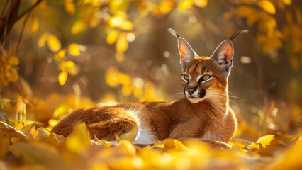 Serene Scene of a Caracal Blending with Vibrant Golden Leaves in Autumn Forest






