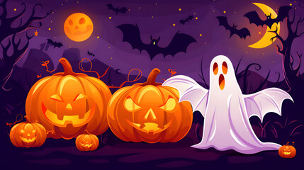 Scary glowing Halloween orange pumpkins, ghost and bats against dark night sky. Creative Halloween banner design.