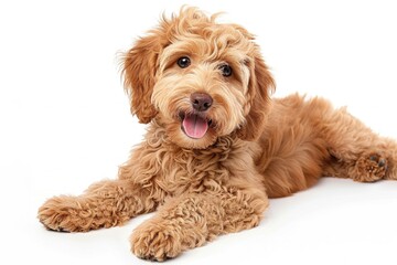 Fototapeta premium A brown dog resting on a white surface