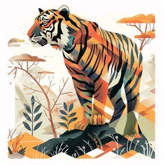 Tiger standing on a rock with abstract foliage background. Digital illustration with geometric shapes and patterns.