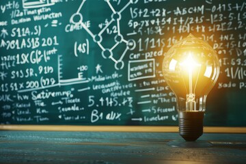 Lamp as science symbol amid physical and mathematical formulas in education concept