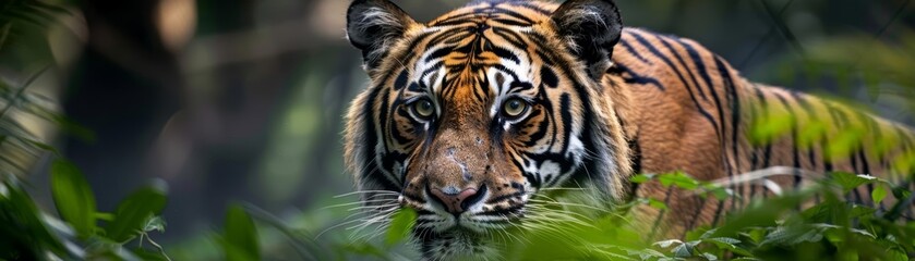 A tiger stalking through a dense jungle, shafts of sunlight filtering through the canopy, low-angle shot, vibrant green foliage