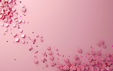 Pink background with small pink hearts and confetti on the right side, flat lay, copy space concept for Valentine's Day card or wedding invitation template background