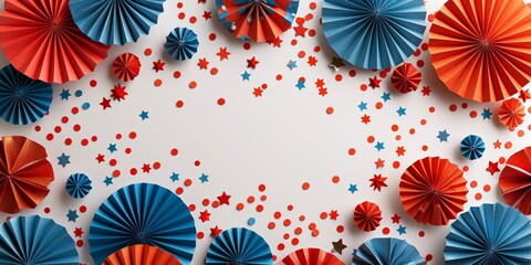 Red and blue paper fan decorations with stars and dots on a white background, creating a patriotic theme.