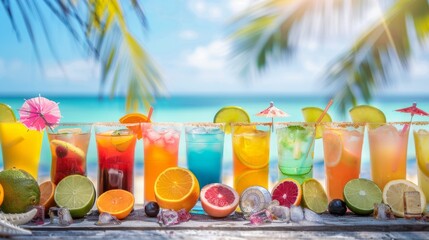 Assorted tropical cocktails on a wooden table with beach background.