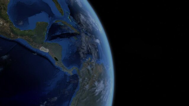 Fly Zoom into El Salvador through space to see the country map region from above from space. Detailed map Showing area, HD and 4K. Animation.