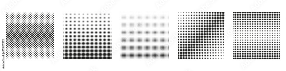 Poster set of four halftone patterns with various dot densities. black and white halftone dot patterns for 