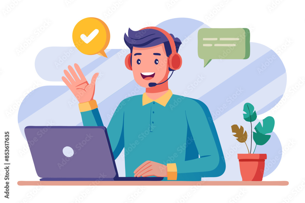 Poster smiling young man talking on a video call on a laptop sitting in the office in a headset and gesturi