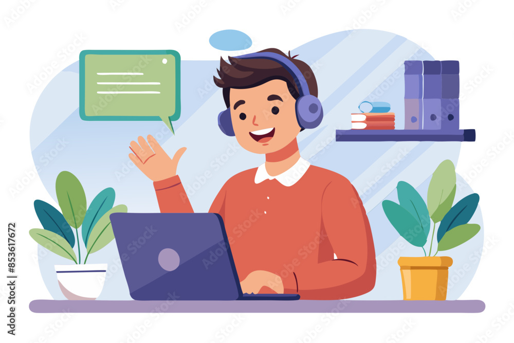 Aufkleber smiling young man talking on a video call on a laptop sitting in the office in a headset and gesturi