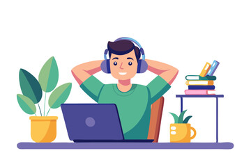 A relaxed young man in headphones sits in the office at a table in front of a laptop and rests with his hands behind his head listening to music modern flat design simple vector illustration isolated